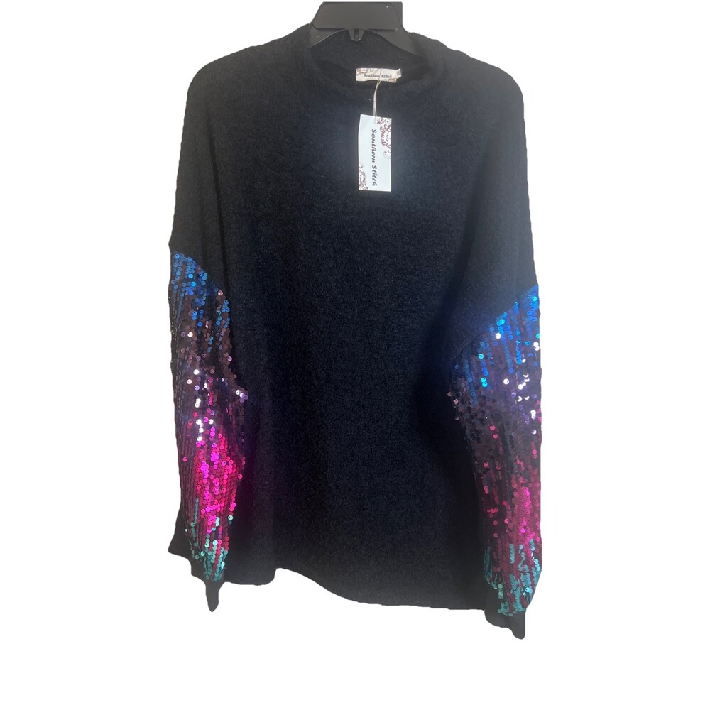 Southern Stitch Plus Size Black Sequin Sleeve Sweater 3X
